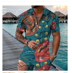 Zipper And Lapel Short Sleeve Shorts Suit