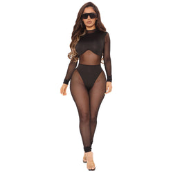 Women Mesh Stitching See-Through Jumpsuit – Black • Tight Fit • Long Trousers