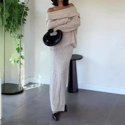 Modisches Zweiteiler-Set – Strick-Off-Shoulder-Oberteil &amp; Rock