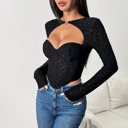 Sexy Schwarzes Langarm-Oberteil – Transparenter Slim-Fit Stil