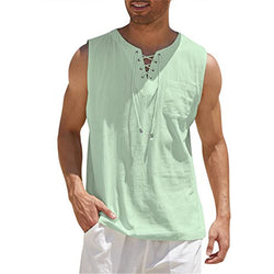 New Men's Sleeveless Shirt Lace-Up Cotton And Linen Short Sleeve T-Shirt