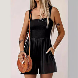Summer Sleeveless Vest Jumpsuit for Women – Black • Elastic Waist • 5-Point Pants
