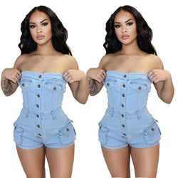 Denim Tube Top Jumpsuit – Stretch Jeans-Overall für Damen