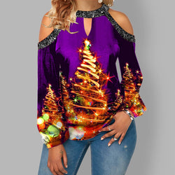 Hanging Neck Button Long Sleeve Hollow Christmas Women's T-shirt