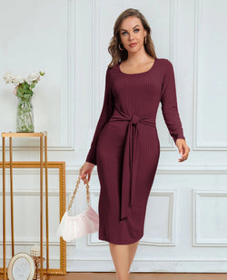 Midikleid mit Bindegürtel &amp; Schlitz – Rippstreifen-Design