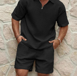 Men's Summer Casual Plaid Jacquard Weave Zip Short Sleeve Suit