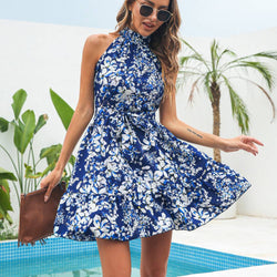 Sommerkleid mit Blumenmuster – Ärmelloses Halterneck-Chiffonkleid für Damen