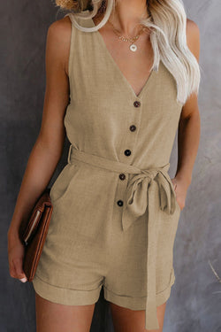 Sommer Playsuit Damen – Eleganter V-Ausschnitt Jumpsuit mit Gürtel &amp; Knöpfen