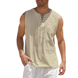 New Men's Sleeveless Shirt Lace-Up Cotton And Linen Short Sleeve T-Shirt