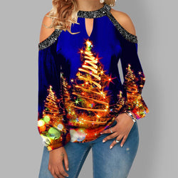 Hanging Neck Button Long Sleeve Hollow Christmas Women's T-shirt