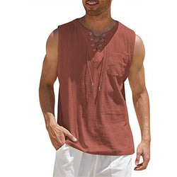 New Men's Sleeveless Shirt Lace-Up Cotton And Linen Short Sleeve T-Shirt