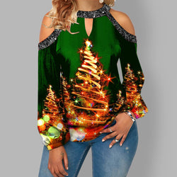 Hanging Neck Button Long Sleeve Hollow Christmas Women's T-shirt