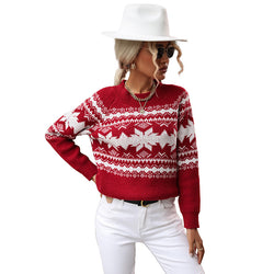 Trendy Round Neck Red Knitted Christmas Snowflake Sweater