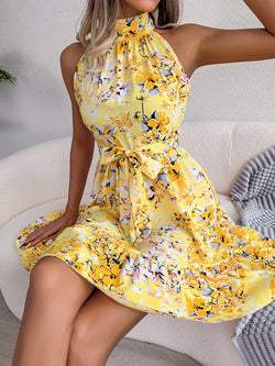 Sommerkleid mit Blumenmuster – Ärmelloses Halterneck-Chiffonkleid für Damen
