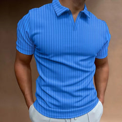 Summer Polo Shirt V-neck Striped High Elastic Short Sleeve Men's T-shirt