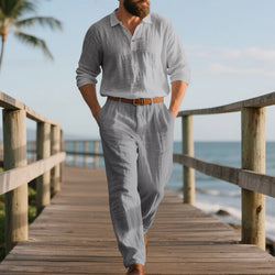 Men's Linen POLO Long-sleeved Trousers Casual Suit Solid Color Two-piece Set