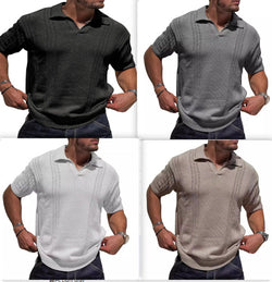 European And American Fashion Men's Knitted Polo Shirt Short Sleeve V-neck Hollow