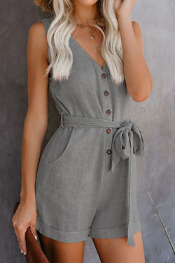 Sommer Playsuit Damen – Eleganter V-Ausschnitt Jumpsuit mit Gürtel &amp; Knöpfen