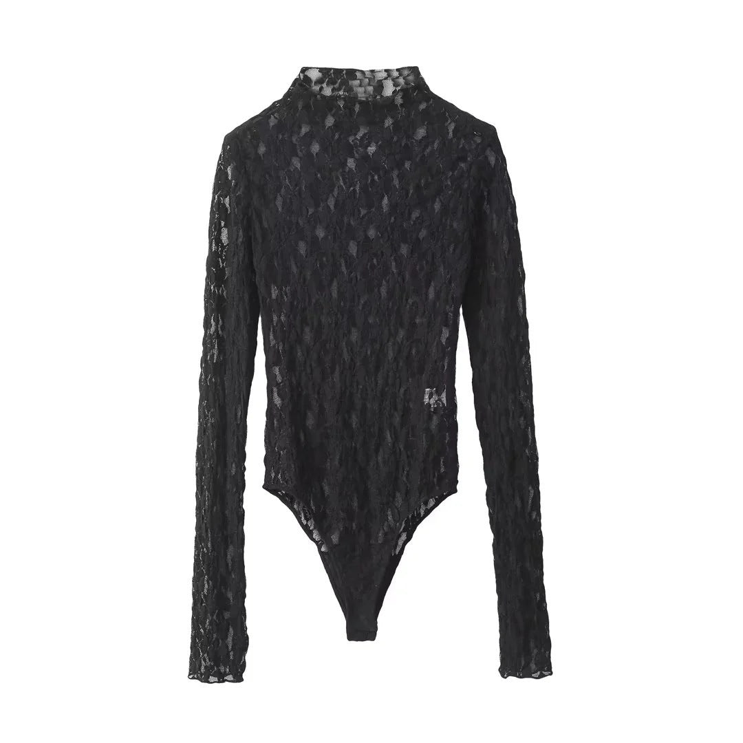 2-teiliges Damen-Set: Spitzen-Oberteil & Hose – Black Cut-Out Suit