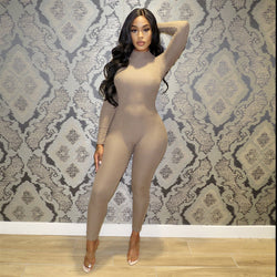 Figurbetonter Langarm-Jumpsuit für Damen – Reißverschluss, Knitted-Look