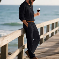 Men's Linen POLO Long-sleeved Trousers Casual Suit Solid Color Two-piece Set