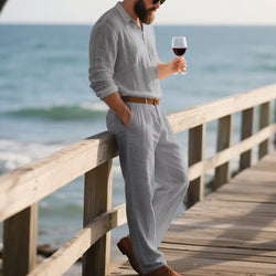 Men's Linen POLO Long-sleeved Trousers Casual Suit Solid Color Two-piece Set