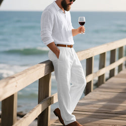 Men's Linen POLO Long-sleeved Trousers Casual Suit Solid Color Two-piece Set