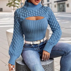 Damen Rollkragen-Strickpullover mit Hohlmuster – Cable Knit Design