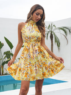 Sommerkleid mit Blumenmuster – Ärmelloses Halterneck-Chiffonkleid für Damen