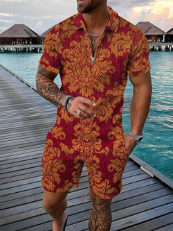 Zipper And Lapel Short Sleeve Shorts Suit