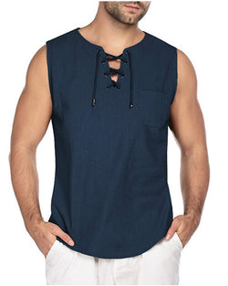 New Men's Sleeveless Shirt Lace-Up Cotton And Linen Short Sleeve T-Shirt