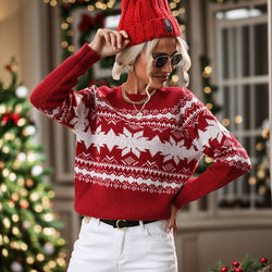 Trendy Round Neck Red Knitted Christmas Snowflake Sweater