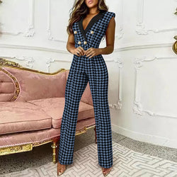 V-Ausschnitt Houndstooth Jumpsuit – Eleganter Business Look für Damen