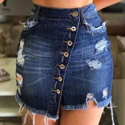 Sommer Damen Jeans Minirock mit Ripped-Details & Knopfleiste
