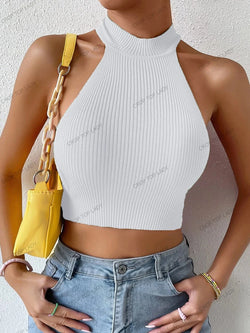 Rippstrick Halter Crop Top – Sexy Rückenfreies Basic Top im Y2K-Stil