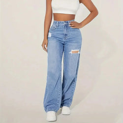 High Waist Wide-Leg Jeans – Lockerer Fit, Cut-Out Details, Gewaschener Denim