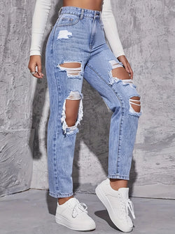 CPSYMYM Amerikanische Retro-Jeans mit Locher für Damen, hohe Taille, gerader Schritt, lockeres, schlankes Design, High-Street-Vibe, weitbeiniger Draggi