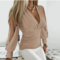 Sexy V-Ausschnitt Spitzen-Bluse mit Langarm