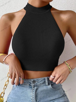 Rippstrick Halter Crop Top – Sexy Rückenfreies Basic Top im Y2K-Stil