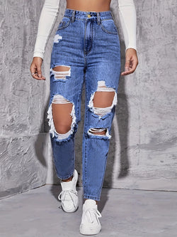 CPSYMYM Amerikanische Retro-Jeans mit Locher für Damen, hohe Taille, gerader Schritt, lockeres, schlankes Design, High-Street-Vibe, weitbeiniger Draggi