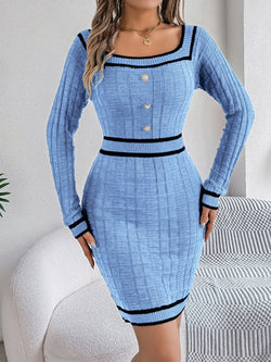 VigoCasey 2023 Frauen Blau Bodycon Strickkleid Herbst Winter Casual Langarm Kleid Dame Casual Square Neck Gestrickte Kleider