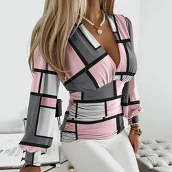 Sexy V-Ausschnitt Spitzen-Bluse mit Langarm