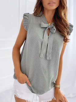 Sommerbluse mit Polka-Dots & Schleife – Elegante ärmellose Rüschen-Tunika