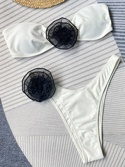 3D Blumen Bikini Damen – Bandeau Zweiteiler mit Low Waist