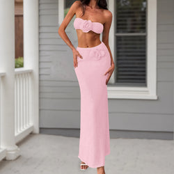 Sexy Sommer-Zweiteiler mit 3D-Blumen – Schulterfreies Top & Langer Rock