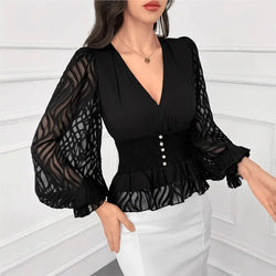 Elegante schwarze Damenbluse mit tiefem V-Ausschnitt & Laternenärmeln