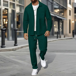 Herren Business Casual Zweiteiliges Set Frühling Herbst Waffel Reißverschluss Hemd Mantel und Hose Trendiges modisches Outfit