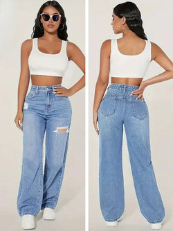 High Waist Wide-Leg Jeans – Lockerer Fit, Cut-Out Details, Gewaschener Denim
