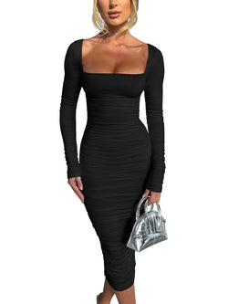 Sexy figurbetontes Kleid mit quadratischem Ausschnitt – Langarm & elegant