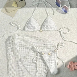 Sexy 3-teiliges Brazilian Bikini Set – Damen Push-Up Badeanzug mit Strandrock & Low-Waist Slip